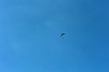 Paraglieder flies in the blue sky on a sunny day, Switzerland, Swiss Alps. Extreme sport, leisure...