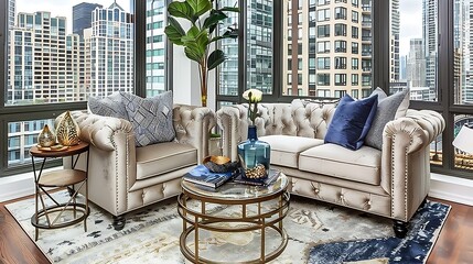 Luxury apartment interior featuring tufted beige sofas and expansive city views through windows