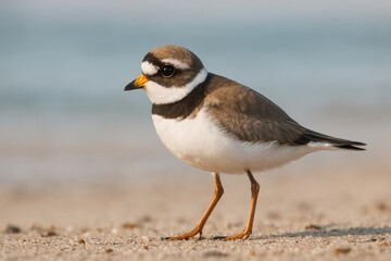 Small bird on sandy beach.