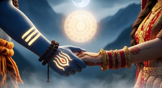 Lord shiva and parvati holding hands with divine symbols and full moon