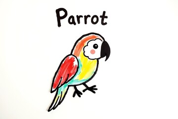 Child’s hand-painted parrot with playful brush strokes and handwritten “Parrot” text on a clean white background