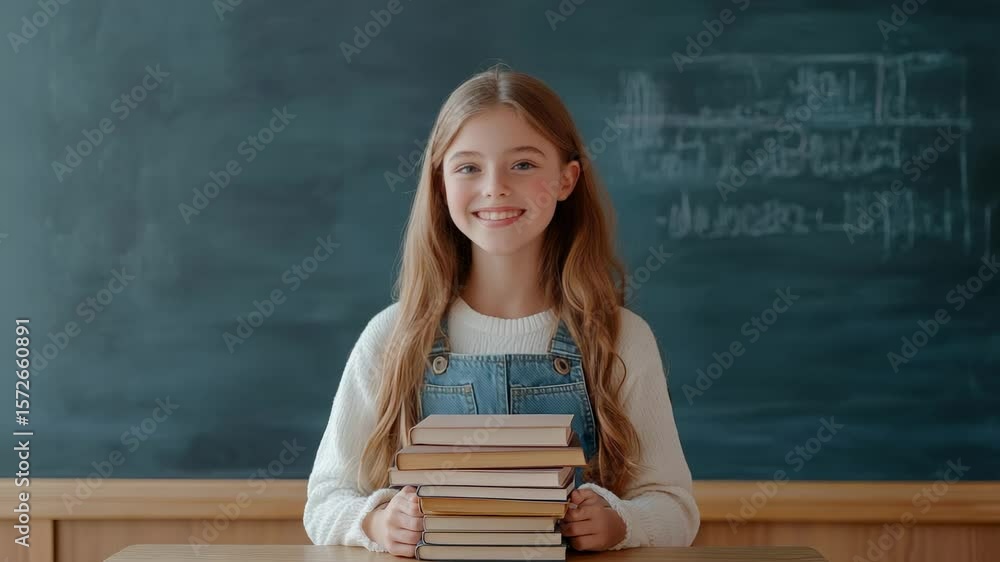 Aufkleber happy elementary school student is sitting at desk with stack of books in classroom with chalkboard 