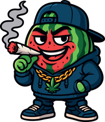 Cool Watermelon Cartoon Character Smoking Joint – Funny Urban Weed Vector Illustration