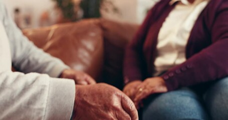 Senior couple, holding hands and sofa with love for empathy, commitment or comfort in home. Closeup, elderly man and woman with touch or support for trust, loyalty or sympathy on couch in house - Powered by Adobe
