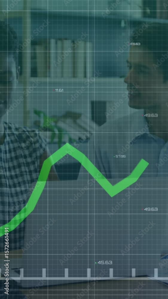 Poster animation of line graph and changing numbers moving over diverse colleagues discussing over laptop