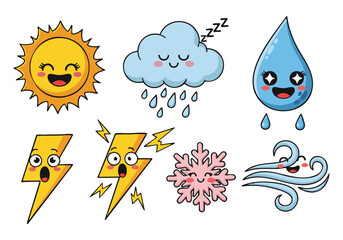 Cute Weather Icons: Sun, Cloud, Rain, Lightning, Snow, Wind