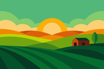 Fototapeta premium Serene Countryside With Green Fields And The Sun Rising
