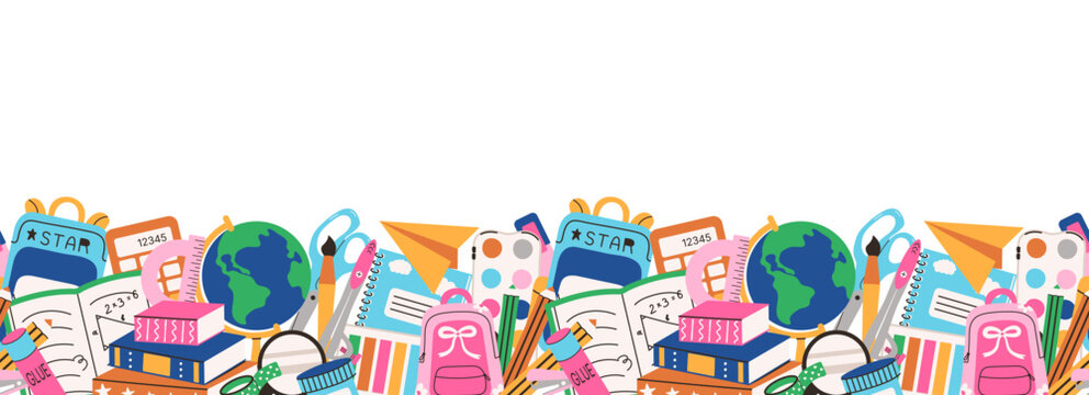 School Supplies Seamless Border. Education endless frame. Study tools pattern in flat style. Notebook, ruler, pencil, globe. backpack. Educational theme for poster banner print. Copy space.