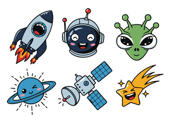 Cute Space Explorers: Cartoon Rocket, Astronaut, Alien, Planet & Comet Illustrations