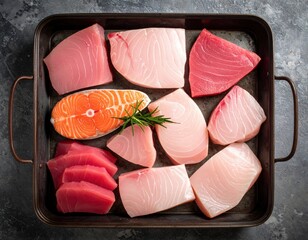 Assortment Of Raw Fish Slices On Metal Tray