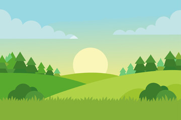 Obraz premium Green Grass Field With Soft Sunlight And Distant Mountains