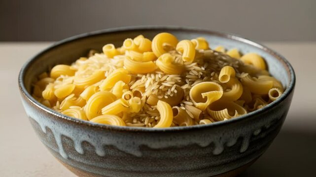 Bowl of uncooked elbow macaroni pasta and orzo pasta, carbohydrate food.