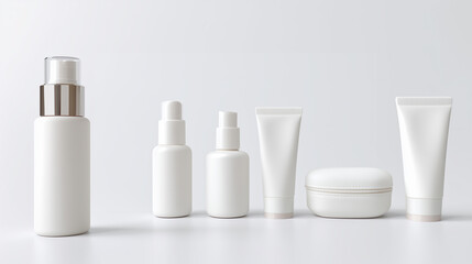Minimalist skincare product collection featuring white cosmetic bottles and containers for natural beauty routine