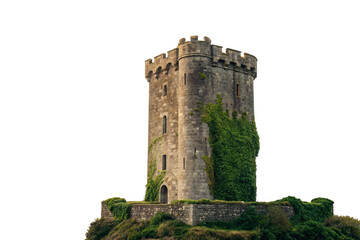 Large medieval castle tower with crenellations on hilltop base surrounded by ivy vegetation, isolated on a transparent background