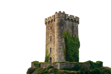 Large medieval castle tower with crenellations on hilltop base surrounded by ivy vegetation, isolated on a transparent background
