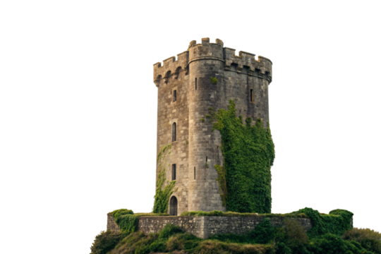 Large medieval castle tower with crenellations on hilltop base surrounded by ivy vegetation, isolated on a transparent background