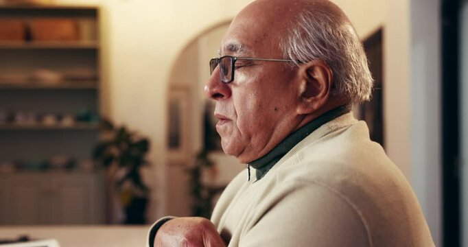 Cough, retirement and sick with old man in living room of home for symptoms of lung disease. Breathing, respiratory and tuberculosis with senior person in apartment for bacteria or chest infection