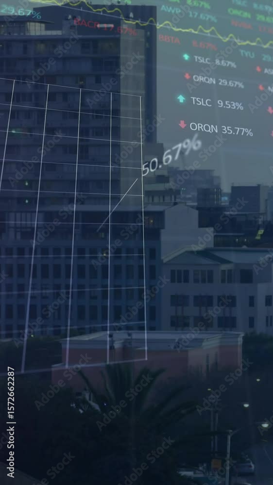 Poster animation of statistical and stock market data processing against aerial view of cityscape