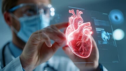A healthcare expert equipped with a stethoscope and face mask examines a detailed virtual heart display highlighting the role of technology in enhancing medical training and patient - Powered by Adobe