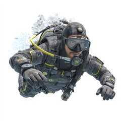 Naklejka premium Professional Scuba Diver in Full Gear Underwater with Bubbles on White Background