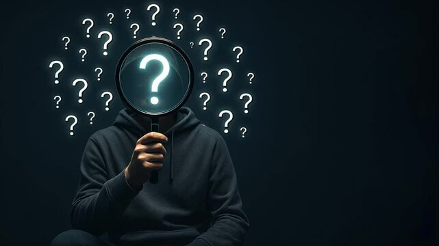 A person seated and holding a magnifying glass with a glowing question marks, question mark, root cause analysis, question sign