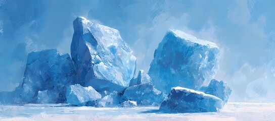 Frozen ice blocks digital painting in blue winter landscape

