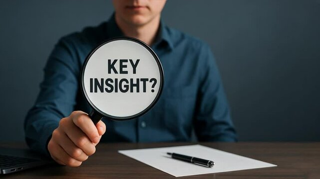 Businessman holding a magnifying glass revealing key insight? Text, question mark, root cause analysis, question sign