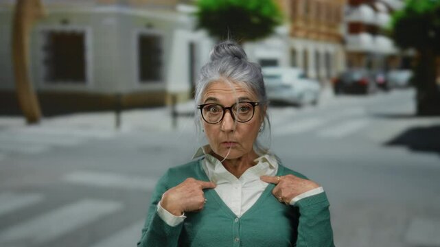 Senior woman with grey hair and glasses stands outdoors on a street in a city setting, expressing surprise or confusion while pointing at herself.