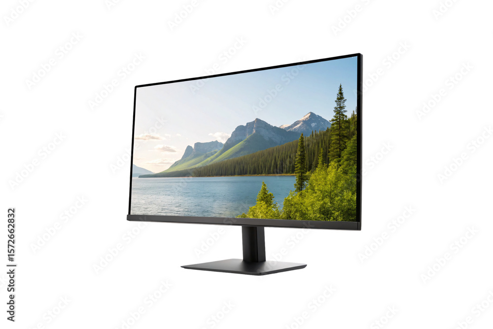 Poster modern black computer monitor displaying mountain lake landscape with stand and bezel, isolated on a