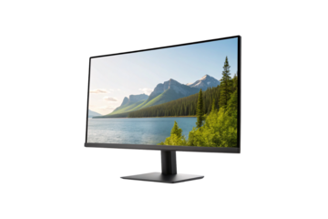 Modern black computer monitor displaying mountain lake landscape with stand and bezel, isolated on a transparent background