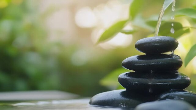 Stacked black stones with flowing water in a serene natural setting ideal for relaxation and balance concepts