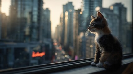 Calico kitten gazing out window at city skyline at sunset