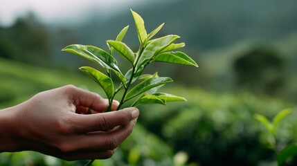 Hand holding fresh tea leaves in a lush plantation during daylight hours in a serene mountainous region