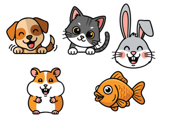Fototapeta premium Cute Pixel Art Pets: Dog, Cat, Rabbit, Hamster, Fish