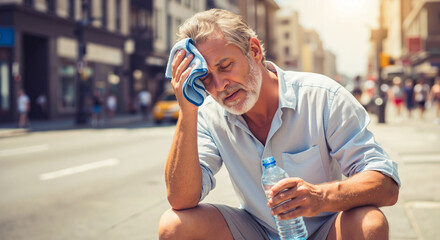 Exhausted senior man taking a rest on a city street, wiping sweat from his forehead. Suffering from heatstroke on a hot summer day. Health emergency concept