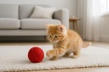 Playful ginger kitten batting red yarn ball on white rug