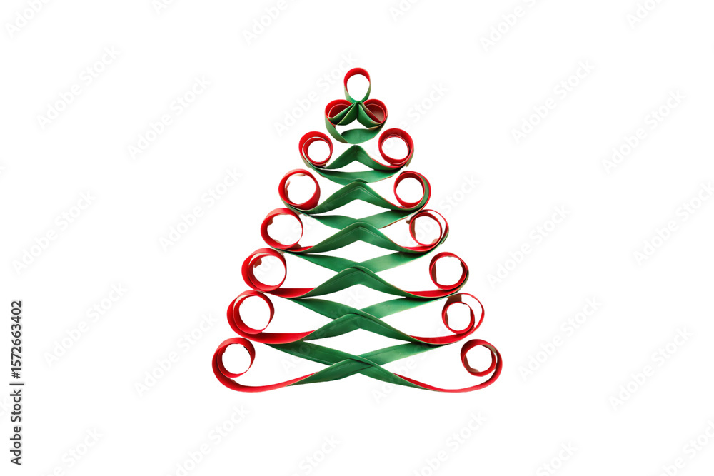 Poster abstract christmas tree made of red and green ribbon loops in geometric pattern, isolated on a trans