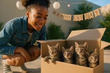 Smiling girl celebrating with four tabby kittens in box on patio