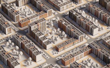 3d top view block dormitory area. Isometric map, landscape city, tower blocks, parks, cafe, landmarks
