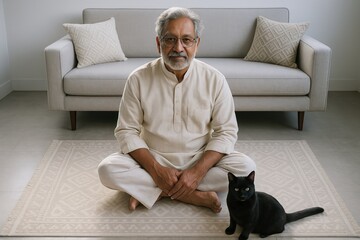 Serene grandfather sitting cross-legged with black cat on rug