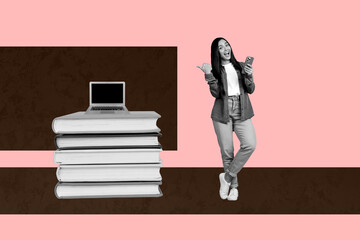 Composite poster image art collage of happy girl student stand pc monitor book education elearn...