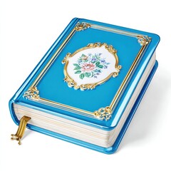 Elegant Blue Book with Gold Accents and Floral Design on a White Background
