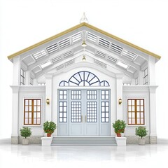 Elegant White Building Facade with Skylights, Blue Doors, and Potted Plants