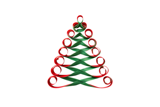 Abstract Christmas tree made of red and green ribbon loops in geometric pattern, isolated on a transparent background
