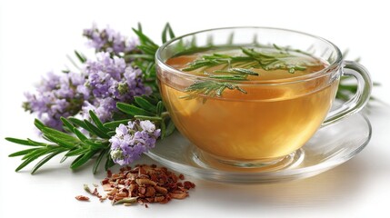 Herbal Tea with Rosemary and Lavender Flowers in a Glass Cup on White Background