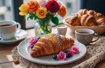 olorful Bloom Breakfast With Croissants, Tulips, Coffee, And Bright Natural Light