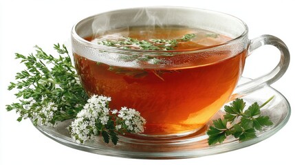 Herbal Tea in Glass Cup with Thyme and Flowers on White Background