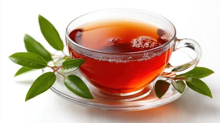 Elegant Glass Cup of Black Tea with Green Leaves on White Background, Close Up