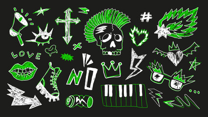 Punk scribble doodles: skulls, stars, pins, lightning, grunge style