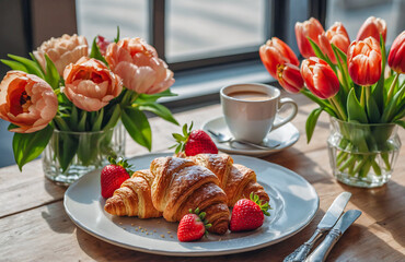 Croissants And Coffee With Tulips Illuminated By A Soft Morning Glow